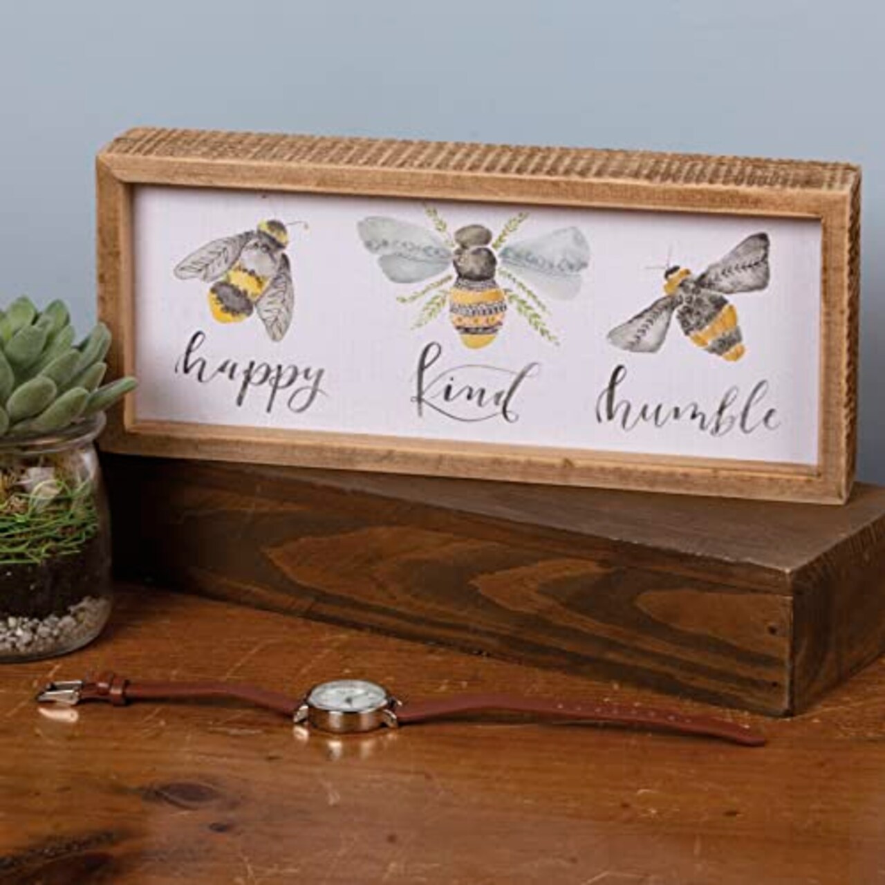Inset Box Sign, 10" Length x 4.25" Height x 1.75" Width, Bees - Happy, Kind, Humble